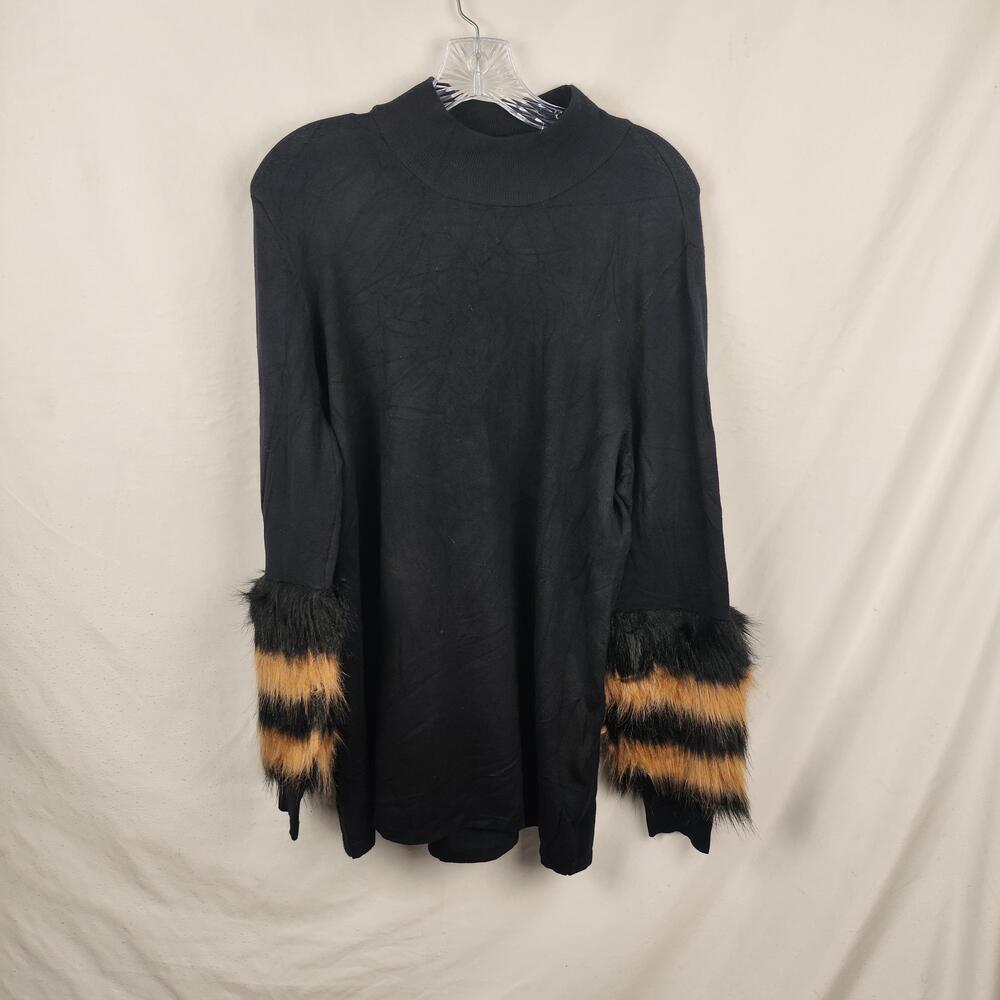 Alfani Sweater Tunic Womens Large Black Faux Fur Stripe Mock Neck Ugly Halloween